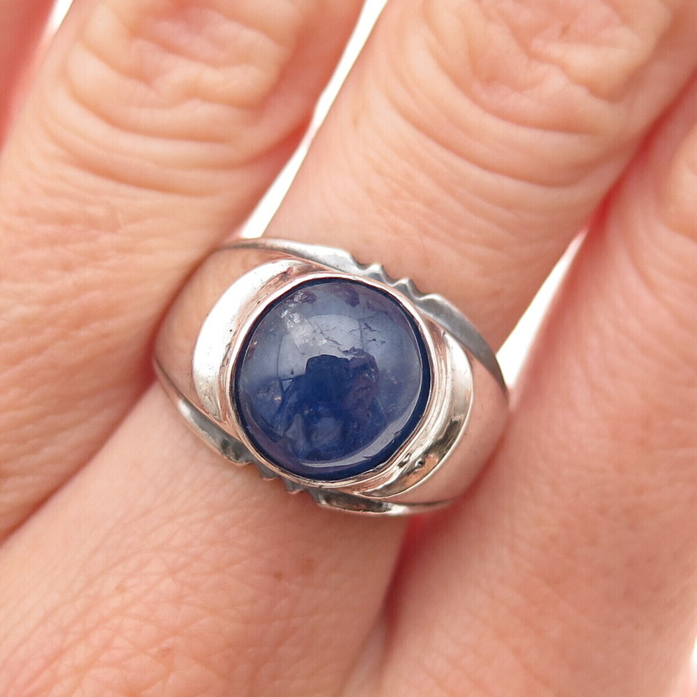 925 Sterling Silver Vintage Real Sapphire Oxidized Ring Size 7.75